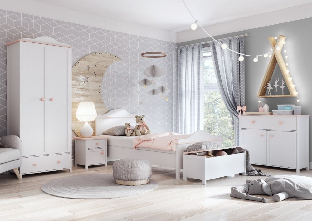 Veneti Nábytok do detskej izby s posteľou 90x200 LEGUAN 1 - biely / ružový